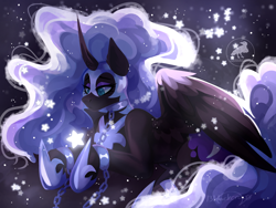 Size: 1280x960 | Tagged: safe, artist:13blackcrows, imported from derpibooru, nightmare moon, alicorn, pony, chained, chains, curved horn, female, helmet, hoof shoes, horn, manacles, mare, peytral, shackles, solo, stars