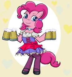 Size: 1168x1256 | Tagged: safe, artist:sallycars, imported from derpibooru, pinkie pie, earth pony, pony, alcohol, beer, beer mug, choker, clothes, dirndl, dress, female, hoof hold, looking at you, mare, oktoberfest, pinkie pie day, shoes, smiling, smiling at you, socks, solo, stockings, thigh highs