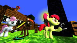 Size: 3200x1800 | Tagged: safe, artist:sprunk4law, imported from derpibooru, apple bloom, button mash, scootaloo, sweetie belle, earth pony, pegasus, pony, unicorn, 3d, blocks, cutie mark crusaders, grass, happy, horn, minecraft, portal, wallpaper