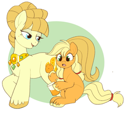 Size: 1181x1054 | Tagged: safe, artist:lulubell, imported from derpibooru, applejack, aunt orange, earth pony, pony, :o, aunt and niece, distressed, duo, female, filly, filly applejack, food, freckles, jewelry, juice, mare, necklace, open mouth, orange, orange juice, pigtails, twintails, younger