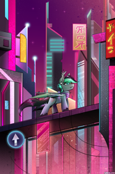 Size: 1800x2734 | Tagged: safe, artist:andaluce, imported from derpibooru, oc, oc:target strike, bat pony, hybrid, pegasus, pony, bandana, bridge, city, cityscape, cyberpunk, ear fluff, ear piercing, earring, fangs, heterochromia, jewelry, night, outdoors, pegabat, piercing, skyscraper, solo, unshorn fetlocks, vaporwave, yin-yang