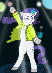 Size: 850x1202 | Tagged: safe, artist:animatorwil, imported from derpibooru, rarity, pony, unicorn, atg 2024, bipedal, bracelet, cheek fluff, chest fluff, clothes, ear fluff, female, freddie mercury, glowing, glowing horn, hoof in air, horn, jacket, jewelry, levitation, magic, mare, microphone, newbie artist training grounds, open clothes, open jacket, open mouth, pose, queen (band), signature, singing, solo, spotlight, standing, telekinesis, underhoof