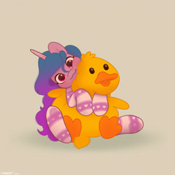 Size: 2480x2480 | Tagged: safe, artist:starburstuwu, imported from derpibooru, izzy moonbow, bird, duck, pony, unicorn, beige background, clothes, cute, daaaaaaaaaaaw, female, g5, happy, heart, heart print, horn, hug, izzybetes, looking at you, mare, plushie, simple background, sitting, smiling, smiling at you, socks, solo, weapons-grade cute