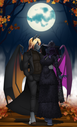 Size: 2300x3800 | Tagged: safe, artist:chacrawarrior, imported from derpibooru, oc, oc only, oc:indigo rose, oc:rege liliac, anthro, bat pony, unguligrade anthro, anthro oc, arm around back, autumn, bat pony oc, bat wings, big breasts, black veil, breasts, busty oc, clothes, coat, commission, couple, digital art, dress, fangs, female, forest, full moon, gift art, hat, leaf, leaves, lipstick, looking at each other, looking at someone, male, mare, milf, moon, nature, night, night sky, oc x oc, shipping, sky, slit pupils, smiling, stallion, straight, stroll, sweater, tree, veil, walking, wings