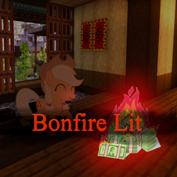 Size: 1080x1080 | Tagged: safe, imported from derpibooru, applejack, earth pony, pony, bonfire, bonfire lit, burning, dark souls, fire, meme, minecraft, money, solo