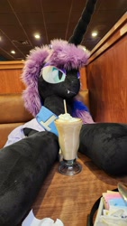 Size: 2252x4000 | Tagged: safe, artist:lanacraft, imported from derpibooru, nightmare moon, 4chan cup scarf, clothes, denny's, drink, eyeshadow, female, irl, makeup, mare, milkshake, photo, plushie, scarf