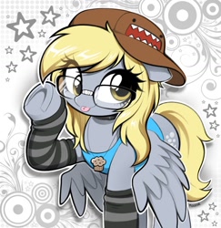 Size: 1342x1382 | Tagged: safe, artist:moozua, imported from derpibooru, derpy hooves, pegasus, pony, cute, derpabetes, eye clipping through hair, female, glasses, mare, solo, spread wings, tongue out, underhoof, wings, wings down