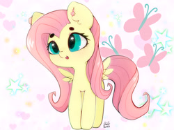 Size: 4000x3000 | Tagged: safe, artist:zokkili, imported from derpibooru, fluttershy, pegasus, pony, beanbrows, cutie mark background, ear fluff, eyebrows, eyebrows visible through hair, female, heart, high res, mare, open mouth, open smile, signature, smiling, solo, spread wings, starry eyes, stars, tail, wingding eyes, wings