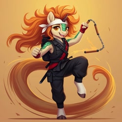 Size: 1024x1024 | Tagged: safe, imported from derpibooru, autumn blaze, anthro, kirin, unguligrade anthro, ai content, ai generated, clothes, cosplay, costume, female, fighting stance, g.i. joe, generator:google imagen 3.0, gradient background, nunchucks, open mouth, open smile, prompter:zerowinger, quick kick, smiling, solo