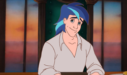 Size: 814x480 | Tagged: safe, artist:ocean lover, edit, imported from derpibooru, shining armor, human, blue eyes, blue hair, chair, collar, crossover, disney, disney prince, disney style, handsome, humanized, light skin, male, ms paint, prince eric, sky, sky background, smiling, snickering, solo, table, the little mermaid, two toned hair, white shirt, window