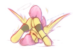 Size: 1586x1040 | Tagged: safe, alternate version, artist:lu.de, imported from derpibooru, fluttershy, pegasus, pony, blushing, butt, dock, eyes closed, featureless crotch, female, flutterbutt, implied rainbow dash, mare, plot, solo, spread wings, tail, upside down, wings