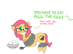 Size: 2711x2015 | Tagged: safe, artist:ponny, imported from derpibooru, oc, earth pony, pony, bowl, drawthread, egg, glasses, tape, text, you have to eat all the eggs