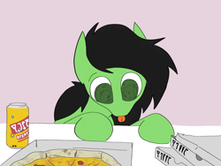 Size: 3180x2395 | Tagged: safe, artist:ponny, imported from derpibooru, oc, oc:filly anon, earth pony, pony, :p, alcohol, beer, beer can, colored, drink, female, filly, foal, food, pizza, pizza box, simple background, solo, tongue out