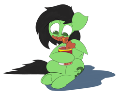 Size: 3618x2895 | Tagged: safe, artist:ponny, imported from derpibooru, oc, oc:filly anon, earth pony, pony, canned food, female, filly, foal, messy eating, sitting, solo, tongue out