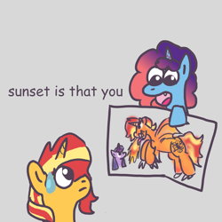 Size: 2000x2000 | Tagged: safe, artist:zoeyhorse, imported from derpibooru, sunset shimmer, twilight sparkle, pony, unicorn, drawing, duo, duo female, emanata, fanfic art, female, g5, generational ponidox, gray background, horn, mare, misty brightdawn, nervous sweat, rebirth misty, simple background, sweat, sweatdrop