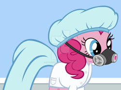 Size: 828x620 | Tagged: safe, artist:ehmedcenthospital, imported from derpibooru, pinkie pie, earth pony, pony, clothes, female, gas mask, lab coat, mask, nurse, solo