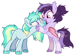 Size: 1600x1181 | Tagged: safe, artist:cheekipone, oc, oc only, oc:bloodmoon lullaby, bat pony, pony, unicorn, bat pony oc, bat wings, cheek squish, confused, duo, ear tufts, female, females only, horn, mare, open smile, rearing, show accurate, simple background, squishy cheeks, standing, transparent background, unicorn oc, unshorn fetlocks, wings