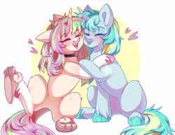 Size: 3225x2478 | Tagged: safe, artist:cheekipone, oc, oc only, pony, unicorn, choker, clothes, duo, eyes closed, female, females only, horn, hug, mare, open smile, passepartout, raised leg, sitting, slippers, toes, tongue out, unicorn oc, unshorn fetlocks