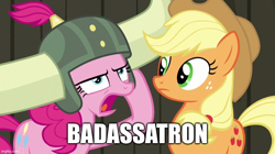 Size: 888x499 | Tagged: safe, edit, edited screencap, imported from derpibooru, screencap, applejack, pinkie pie, earth pony, not asking for trouble, season 7, caption, duo, helmet, honorary yak horns, horned helmet, image macro, movie reference, reference, salute, text, transformers, transformers one, viking helmet