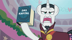 Size: 637x358 | Tagged: safe, edit, edited screencap, imported from derpibooru, screencap, chancellor neighsay, pony, unicorn, school raze, book, das kapital, horn, solo, this will end in communism