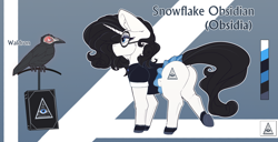 Size: 4180x2138 | Tagged: safe, artist:chapaevv, imported from derpibooru, raven, oc, oc:obsidia, bird, pony, unicorn, butt, clothes, commission, cutie mark, dock, glasses, horn, plot, reference sheet, tail