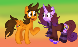 Size: 1462x877 | Tagged: safe, artist:cloud22, imported from derpibooru, oc, pegasus, unicorn, clothes, female, freckles, gradient background, horn, mare, nonbinary, pegasus oc, scarf, socks, unicorn oc, wings