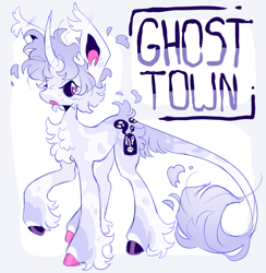 Size: 1642x1684 | Tagged: safe, artist:sevenpillz, imported from derpibooru, oc, oc only, oc:ghost town, classical unicorn, pony, unicorn, chest fluff, cloven hooves, horn, leonine tail, purple coat, purple mane, solo, tail, unshorn fetlocks, white coat