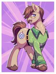 Size: 1709x2261 | Tagged: safe, artist:bkiltersot, imported from derpibooru, dance fever, earth pony, belt, glasses, green shirt, looking at you, male, passepartout, purple background, scene interpretation, simple background, solo, stallion, unshorn fetlocks