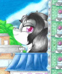 Size: 2523x3000 | Tagged: safe, artist:bridgettewolf, imported from derpibooru, oc, oc only, oc:oretha, pony, building, giant pony, macro, solo, traditional art