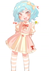 Size: 1200x1730 | Tagged: safe, artist:p0kan2, imported from derpibooru, cozy glow, demon, human, :d, arm behind head, blushing, bowtie, chipped tooth, choker, clothes, cowboy shot, crying, crying emoji, dress, emoji, freckles, frilly dress, hair ribbon, heart, humanized, looking at you, open mouth, open smile, question mark, ribbon, shirt, short sleeves, simple background, smiling, socks, solo, striped socks, thigh highs, white background