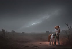 Size: 3072x2112 | Tagged: safe, imported from derpibooru, oc, oc only, oc:littlepip, pony, unicorn, fallout equestria, ai content, ai generated, cloud, cutie mark, dark clouds, horn, lightning, prompter:thehyperinsectoid, ruins, solo, wasteland