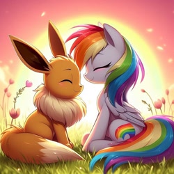 Size: 1024x1024 | Tagged: safe, imported from derpibooru, rainbow dash, eevee, ai content, ai generated, blush lines, blushing, brown fur, bushy tail, cute, female, flower, fluffy mane, grass, grass field, happy, looking at each other, looking at someone, male, neck fluff, pink sky, pokémon, short hair, smiling, smiling at each other, sunset, tail, wings