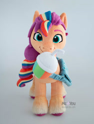 Size: 1500x1985 | Tagged: safe, artist:meplushyou, imported from derpibooru, sunny starscout, pony, drink, g5, irl, mouth hold, photo, plushie, smoothie, solo