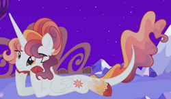 Size: 1280x741 | Tagged: safe, artist:monochrome-sunsets, imported from derpibooru, princess celestia, pony, alternate design, lying down, night, prone, solo