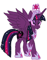 Size: 452x573 | Tagged: safe, artist:qjosh, imported from derpibooru, twilight sparkle, alicorn, pony, big crown thingy, clothes, corrupted element of harmony, corrupted element of magic, darkened coat, element of harmony, element of magic, eyeshadow, female, horn, jewelry, makeup, mare, nightmare twilight, nightmarified, peytral, regalia, shoes, simple background, solo, spread wings, starry hair, tiara, transformation, transformation sequence, twilight sparkle (alicorn), white background, wings