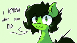 Size: 3780x2128 | Tagged: safe, artist:foxtrnal, imported from derpibooru, oc, oc only, oc:filly anon, earth pony, pony, :3, dialogue, female, filly, green background, high res, simple background, solo