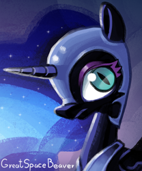 Size: 2951x3542 | Tagged: safe, artist:greatspacebeaver, imported from derpibooru, nightmare moon, alicorn, pony, bust, female, helmet, mare, portrait, signature, slit pupils, solo