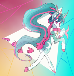 Size: 1983x2050 | Tagged: safe, artist:destiny_manticor, imported from derpibooru, oc, oc only, oc:crimson watermelon, ghoul, original species, pony, undead, abstract background, bone tail, chest fluff, collar, ear fluff, ear piercing, earring, fangs, female, goat horns, gradient background, hooves to the chest, horns, jewelry, long mane, looking at you, mare, piercing, raised hooves, solo, spikes, thin, triangle, two toned mane, unshorn fetlocks