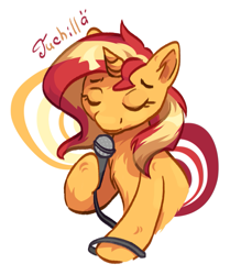 Size: 903x1080 | Tagged: safe, artist:ju4111a, imported from derpibooru, sunset shimmer, pony, unicorn, chest fluff, ear fluff, eyes closed, horn, microphone, rainbow rocks 10th anniversary, raised hoof, sad face, simple background, solo