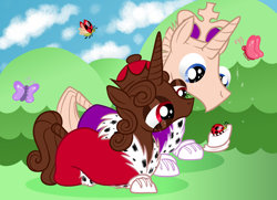 Size: 1800x1300 | Tagged: safe, artist:moondeer1616, imported from derpibooru, butterfly, insect, ladybug, object pony, original species, pony, unicorn, animate object, chess piece, clothes, crossover, crown, disembodied hoof, duo, female, gloves, grass, grass field, horn, jewelry, kinger, lidded eyes, male, mare, ponified, queenie, regalia, robes, sparkles, sparkly eyes, stallion, the amazing digital circus, wingding eyes