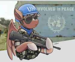 Size: 3382x2791 | Tagged: safe, artist:buckweiser, imported from derpibooru, oc, oc:penny banks, pegasus, pony, blonde, blue helmet, blue scarf, bust, clothes, commission, famas, french, guarding, history, meme, ponified, south africa, sunglasses, uniform, united nations, watch, weapon, wristwatch