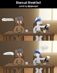 Size: 5120x6507 | Tagged: safe, artist:japkozjad, imported from derpibooru, oc, oc:hammerhead, oc:long shores, earth pony, absurd file size, breakfast, coffee, coffee pot, comic, dialogue, duo, duo male, earth pony oc, food, male, morning, mug, plate, pouring, sandwich, sitting, stallion