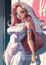 Size: 636x900 | Tagged: safe, artist:ladykraken, imported from derpibooru, part of a set, fluttershy, human, clothes, dress, female, humanized, solo, wedding dress