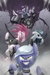 Size: 1181x1748 | Tagged: safe, artist:underpable, imported from derpibooru, limestone pie, marble pie, maud pie, pinkie pie, earth pony, pony, badass, band, bass guitar, bracelet, choker, clothes, drums, ear piercing, earring, electric guitar, epic, eyebrow piercing, female, flying v, fuck yeah, grin, guitar, hardcore, headbang, heavy metal, helmet, jewelry, mare, metal, metal as fuck, microphone, middle finger, musical instrument, necklace, pickelhaube, pie sisters, piercing, pinkamena diane pie, playing instrument, punk, punkamena, punkie pie, rock (music), rock farm, shirt, siblings, sisters, smiling, spiked choker, spiked wristband, t-shirt, tattoo, vulgar, wristband