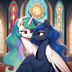 Size: 1024x1024 | Tagged: safe, imported from derpibooru, princess celestia, princess luna, alicorn, pony, ai content, ai generated, anonymous prompter, duo, female, hug, looking at each other, looking at someone, mare, siblings, sisters, smiling, smiling at each other, stained glass, winghug, wings