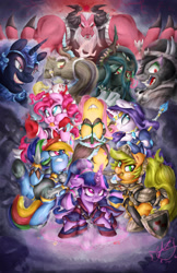 Size: 1970x3045 | Tagged: safe, artist:aquaticsun, imported from derpibooru, applejack, discord, fluttershy, king sombra, lord tirek, nightmare moon, pinkie pie, queen chrysalis, rainbow dash, rarity, twilight sparkle, alicorn, centaur, changeling, changeling queen, draconequus, earth pony, pegasus, pony, taur, unicorn, antagonist, armor, clothes, female, horn, mane six, mare, twilight sparkle (alicorn)