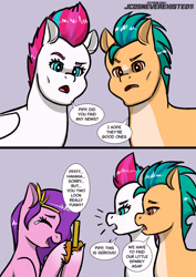 Size: 2894x4093 | Tagged: safe, artist:jcosneverexisted, imported from derpibooru, hitch trailblazer, pipp petals, zipp storm, earth pony, pegasus, pony, cellphone, comic, crying, dialogue, female, filter, g5, hitchzipp, implied sparky sparkeroni, lantern jaw of justice, laughing, male, mewing, phone, shipping, simple background, smartphone, speech bubble, straight, tears of laughter, trio