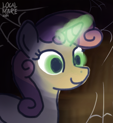 Size: 1247x1356 | Tagged: safe, artist:localmare, imported from derpibooru, sweetie belle, pony, unicorn, digital art, glowing, glowing eyes, glowing horn, halloween, holiday, horn, nightmare night, simple background, solo, spider web