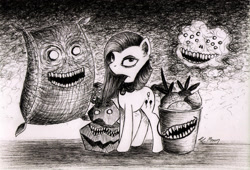 Size: 1760x1200 | Tagged: safe, artist:lailyren, imported from derpibooru, madame leflour, mr. turnip, pinkie pie, rocky, earth pony, pony, black and white, bucket, creepy, creepy smile, female, grayscale, looking at you, mare, monochrome, pinkamena diane pie, rock, sack, smiling, traditional art