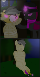 Size: 2200x4151 | Tagged: safe, artist:cardshark777, imported from derpibooru, daring do, oc, oc:card shark, changeling, pegasus, pony, 2 panel comic, bandage, bondage, captive, changeling oc, clothes, comic, daringsub, digital art, dominant, fangs, feather, female, femsub, forest, glowing, glowing horn, helpless, hill, hoof on chin, hoof tickling, horn, kidnapped, looking at each other, looking at someone, magic, male, maledom, mare, mare and stallion, mlp fim's fourteenth anniversary, moon, mummification, mummified, mummy, nature, night, pink changeling, scarf, sitting, smiling, standing, stars, submissive, telekinesis, tickle torture, tickling, tree, wrapped snugly, wrapped up, wrapping